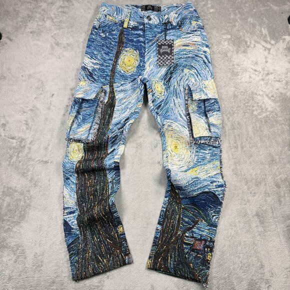 NWT Rebel Vengeance Tapestry Cargo Jeans Mens Starry Night Van Gogh Streetwear - Picture 1 of 8